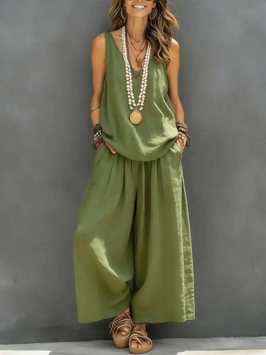 Womens Solid-Colored Casual Sleeveless Tank Top And Wide-Leg Pants Cotton-Linen Set LadyShow.Store