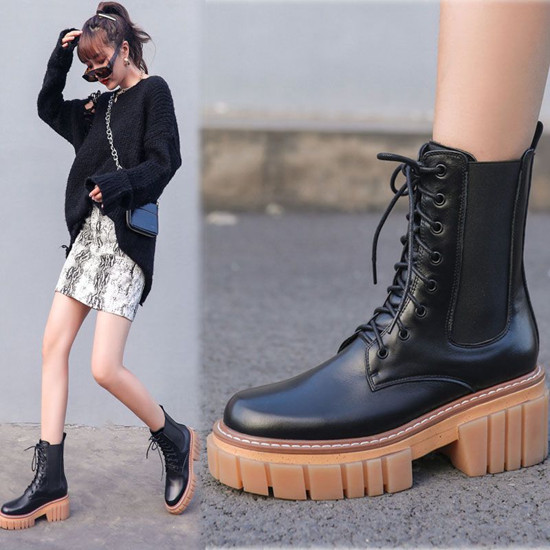 Round Toe High Heeled Leather Platform Retro Martin Ankle Boots LadyShow.Store