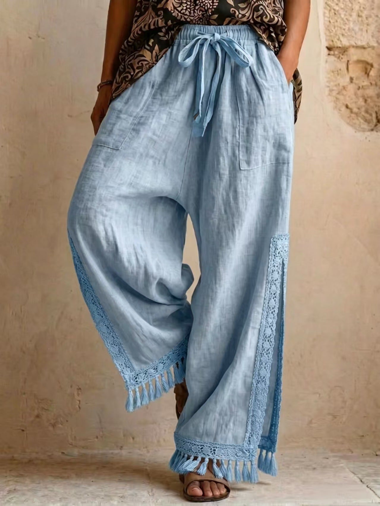 Side-slit Lace Tassel Bohemian-style Wide-leg Vacation Pants NorixaFashion.com