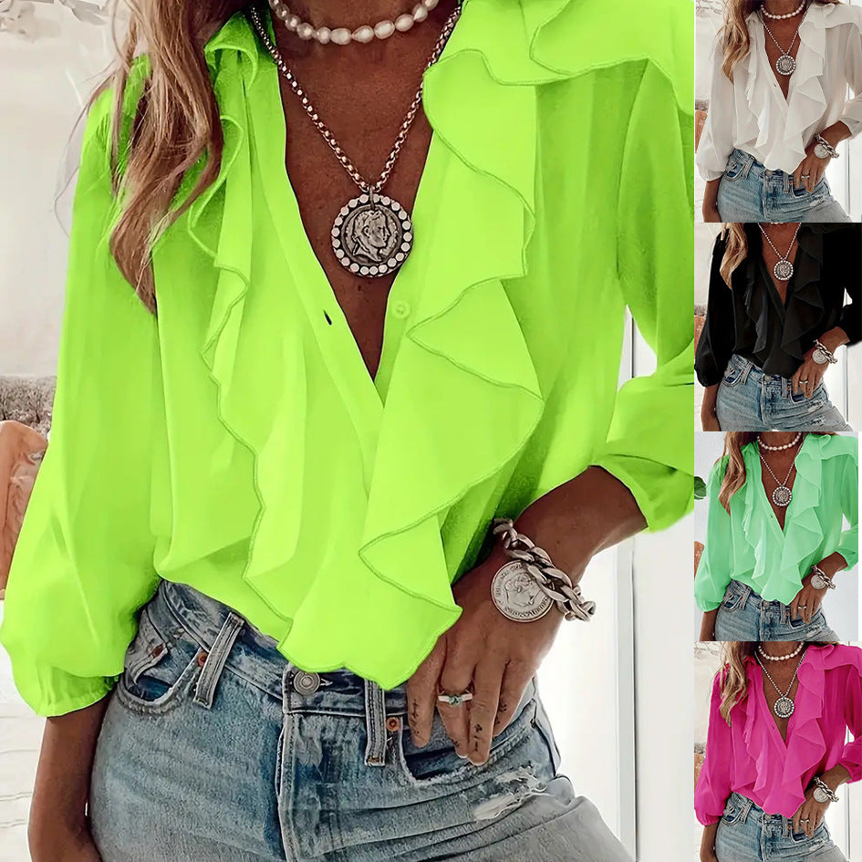 Ruffled-trim Shirt V-neck Long-sleeve Top Daily Commute Women's Clothing NorixaFashion.com