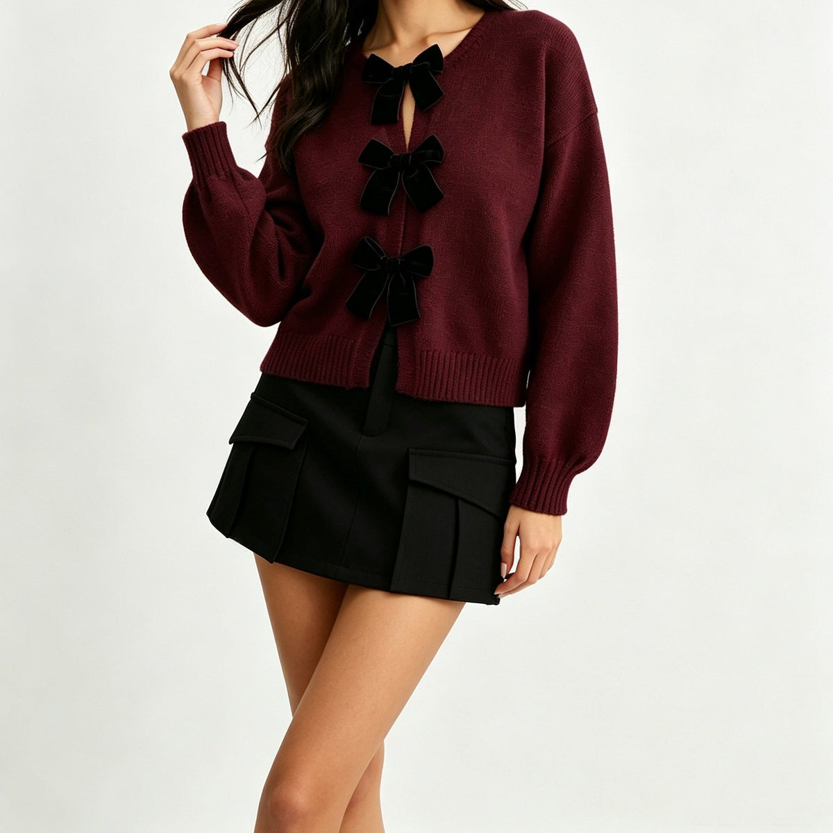 2026 Autumn Cross Border French Retro Bow Sweater Cardigan Round Neck Knitted Coat Women's Top NorixaFashion.com