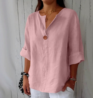 V-neck Long-sleeved T-shirt Fashion Loose Cotton And Linen Button Tops For Women NorixaFashion.com
