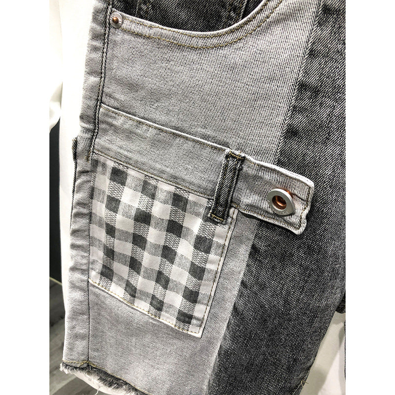 Summer Gray Denim Patchwork Plaid Hip-Hop Shorts Pi-Mart