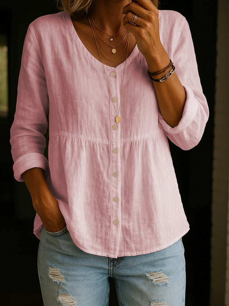 Casual Loose Fashion Cotton And Linen Long Sleeve V-neck Buttons Shirt NorixaFashion.com