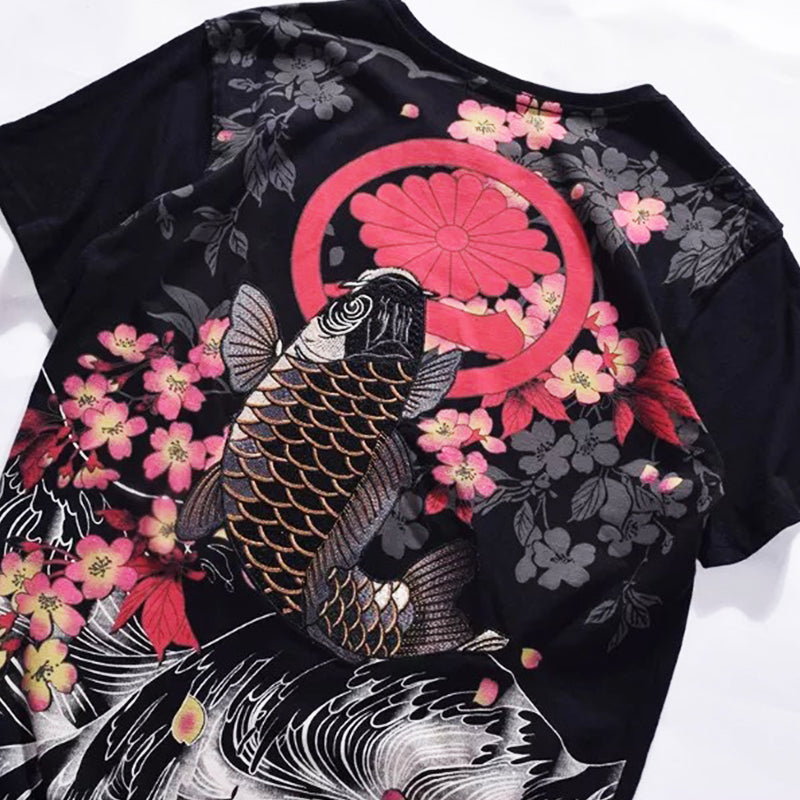 Vintage Japanese Harajuku Floral Carp Men's T-shirt Pi-Mart