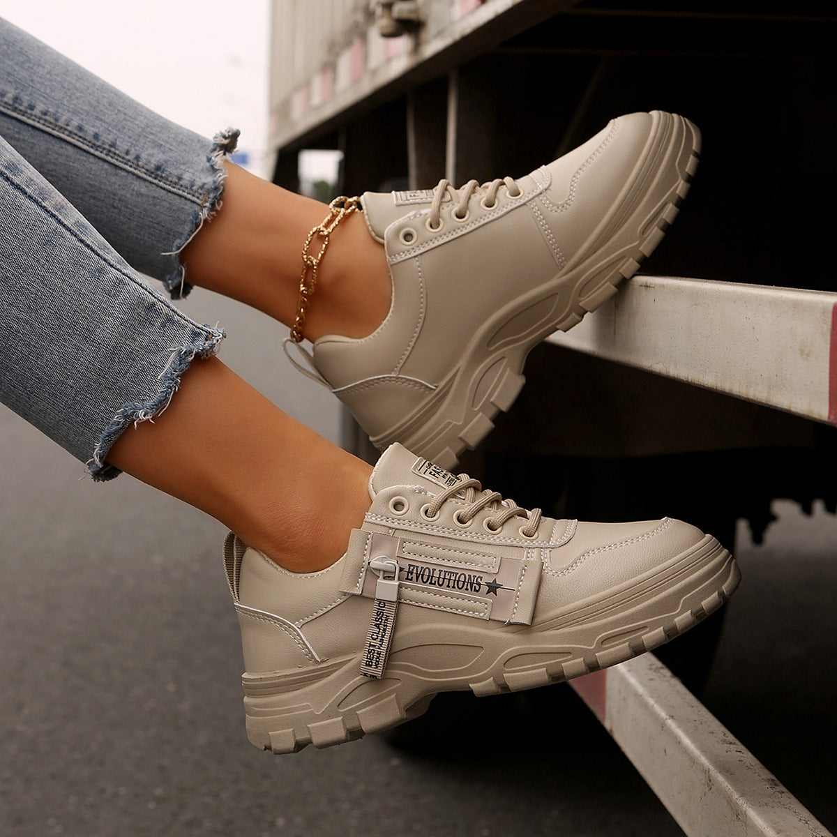 Lace-up Sports Shoes With Side-Zipper Design Fashion Thick-soled Round-toe Casual Shoes For Women Sneakers CJD