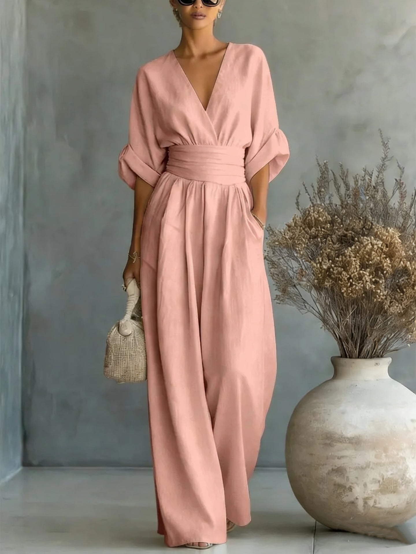 Summer Short-sleeved Jumpsuit Fashion Casual V-Neck Wide-Leg Pants Womens Clothing LadyShow.Store