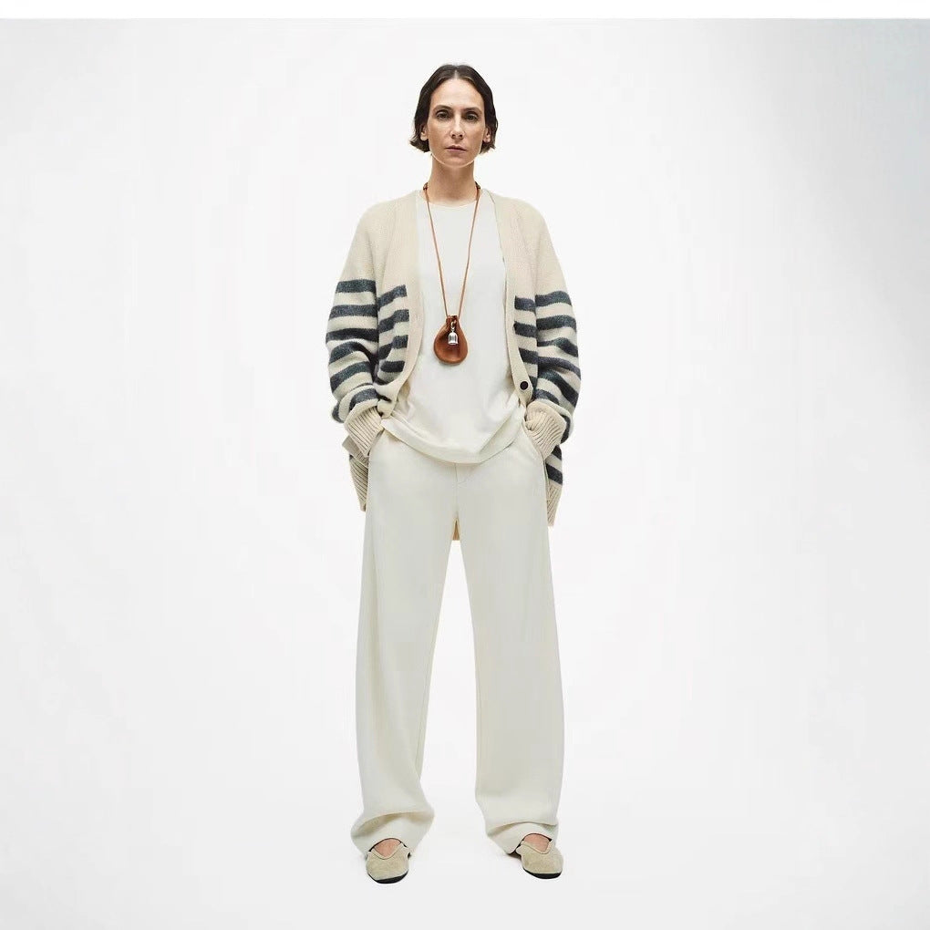 Womens Striped Wool Color-Block Knitted Cardigan Coat Best YouTube Store