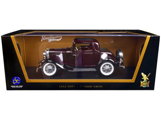 1932 Ford 3-Window Coupe Burgundy with Black Top 1/18 Diecast Model Car by Road Signature LuxuryLifeWay Online Store