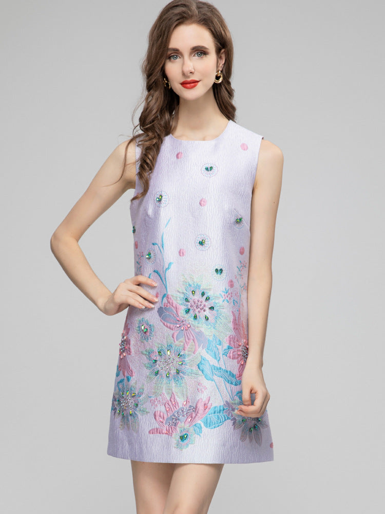 Printed Sleeveless Short Jacquard Dress Women NorixaFashion.com