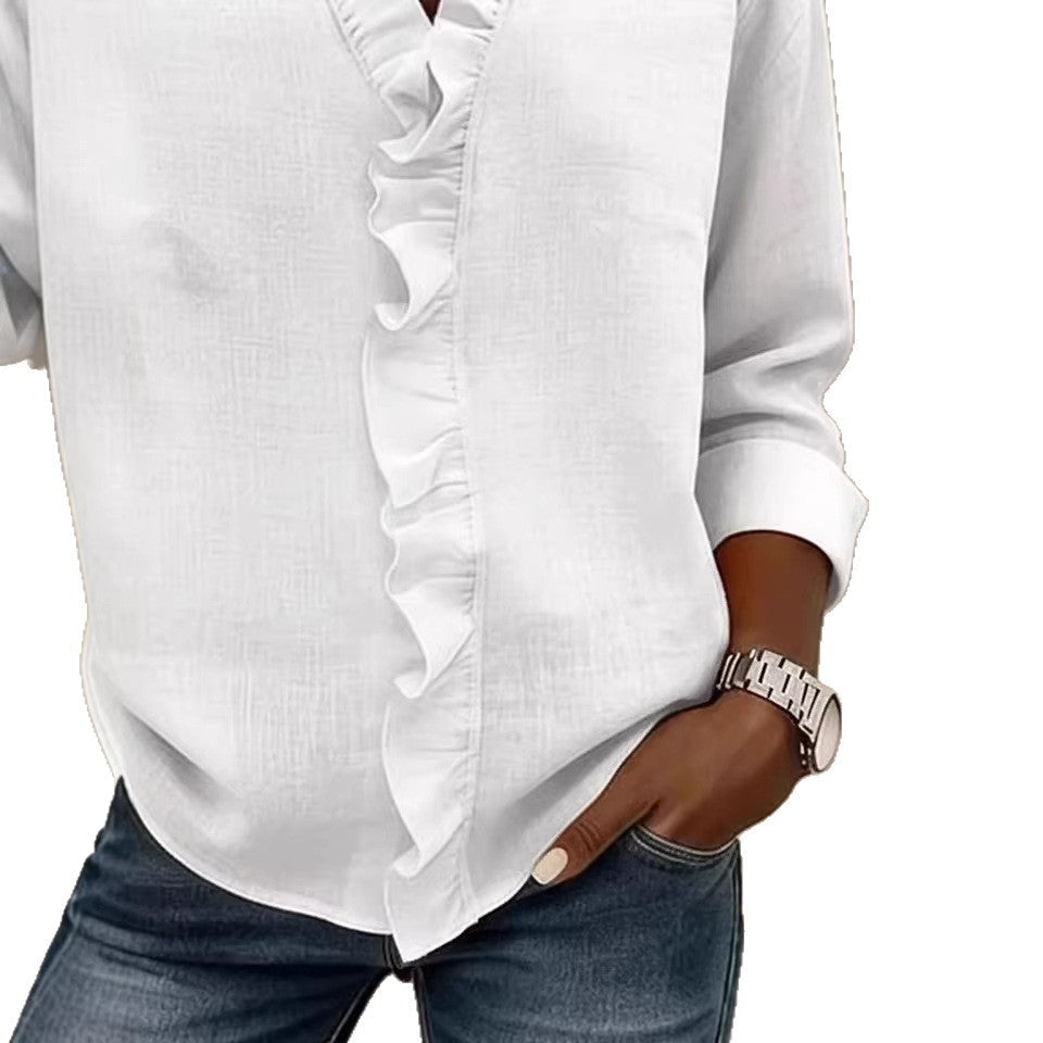 Ruffled Long Sleeve Cotton Shirt NorixaFashion.com
