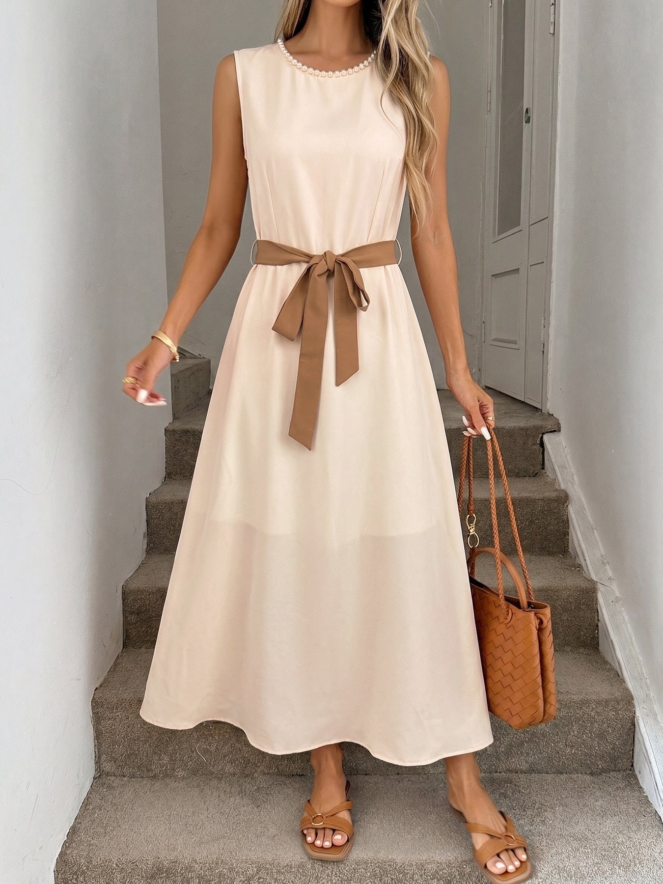 Pearl Neck Sleeveless Self-Tie Belt A-Line Midi Dress NorixaFashion.com
