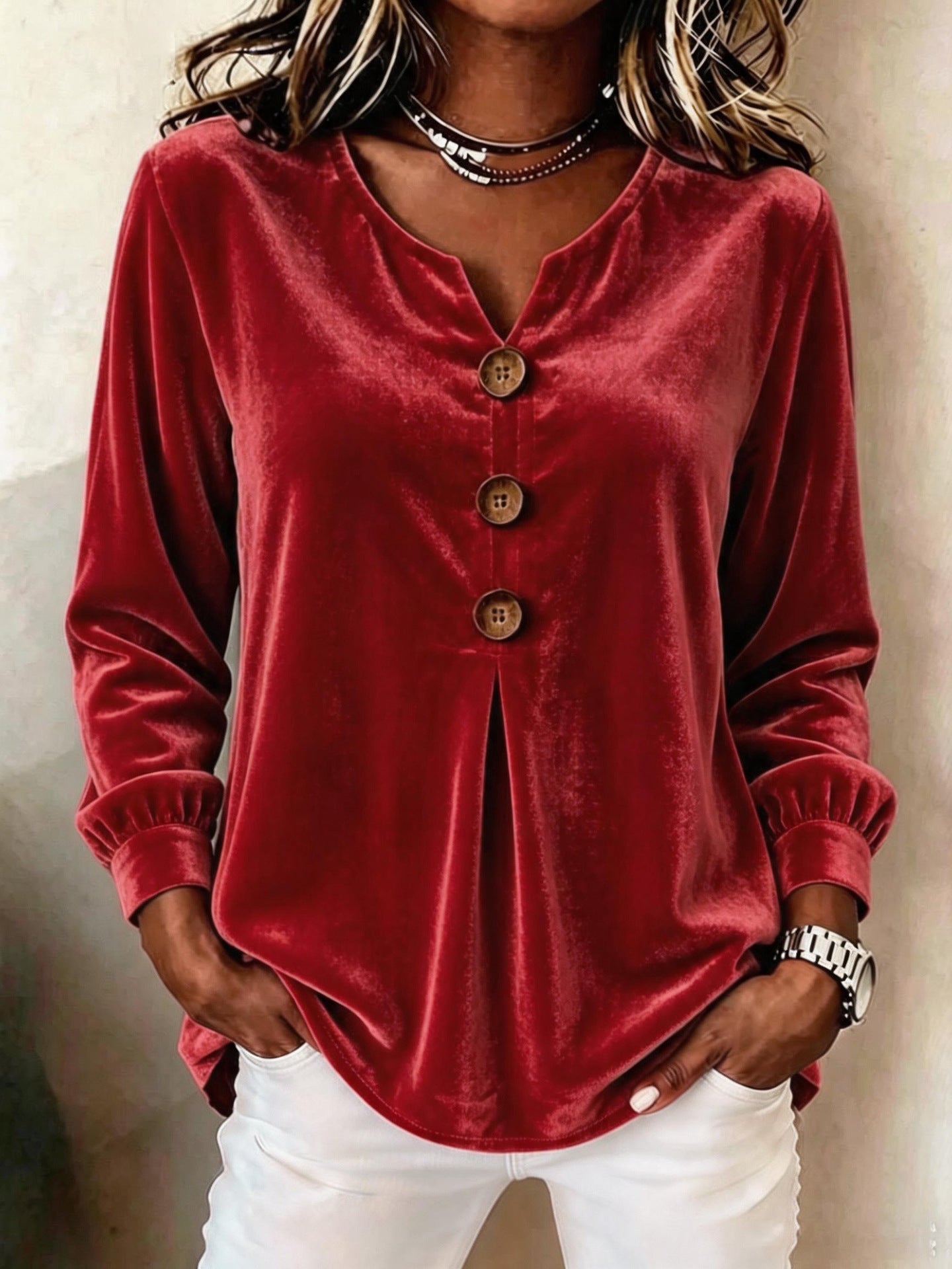 Elegant V-neck Buttoned Long-sleeve Velvet Blouse For Women NorixaFashion.com