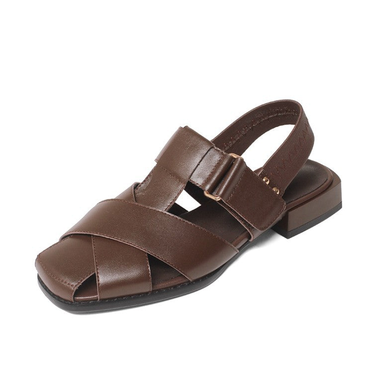 Retro Low-heel Velcro Thick-heeled Sandals for Women Best YouTube Store