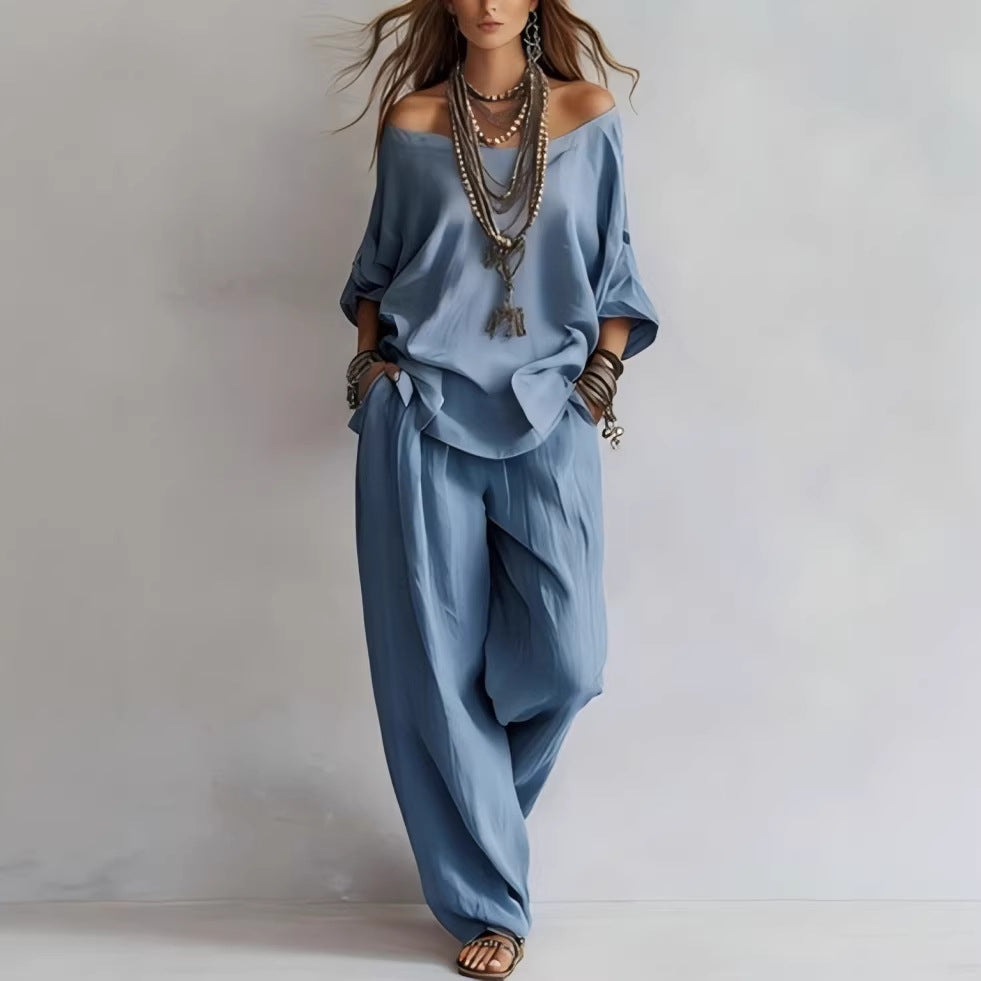 Off-shouder Suits Fashion Three-quarter Sleeves Top And Loose Pockets Wide-Leg Pants Set Women's Clothing NorixaFashion.com
