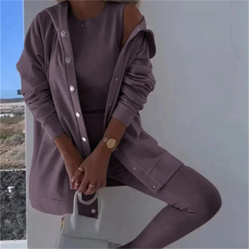 Women's Fashion Sports And Leisure Hooded Sweater Vest Pants Three-piece Set NorixaFashion.com