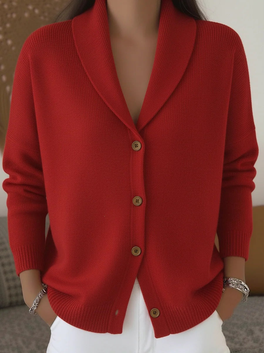 Womens Knitted Cardigan Loose-Fit Lazy Style Soft And Cozy Notch Lapel Solid Color Long-Sleeve Sweater NorixaFashion.com