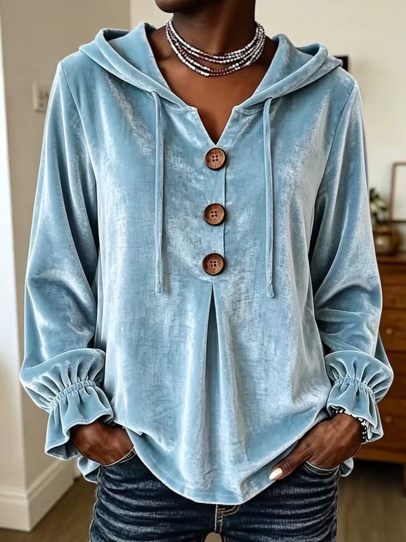 Annuo  2026 Women Casual Button Drawstring Hoodie, European American Style Long Sleeve Top NorixaFashion.com