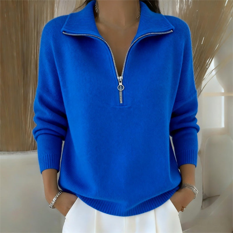 Womens Slimming Casual Fashionable, Versatile Knitted Sweater With A Zippered Lapel NorixaFashion.com