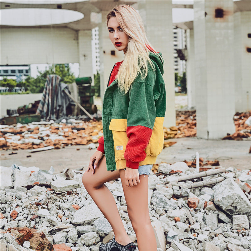Corduroy Hip-Hop Patchwork Hooded Jacket for Couples Pi-Mart