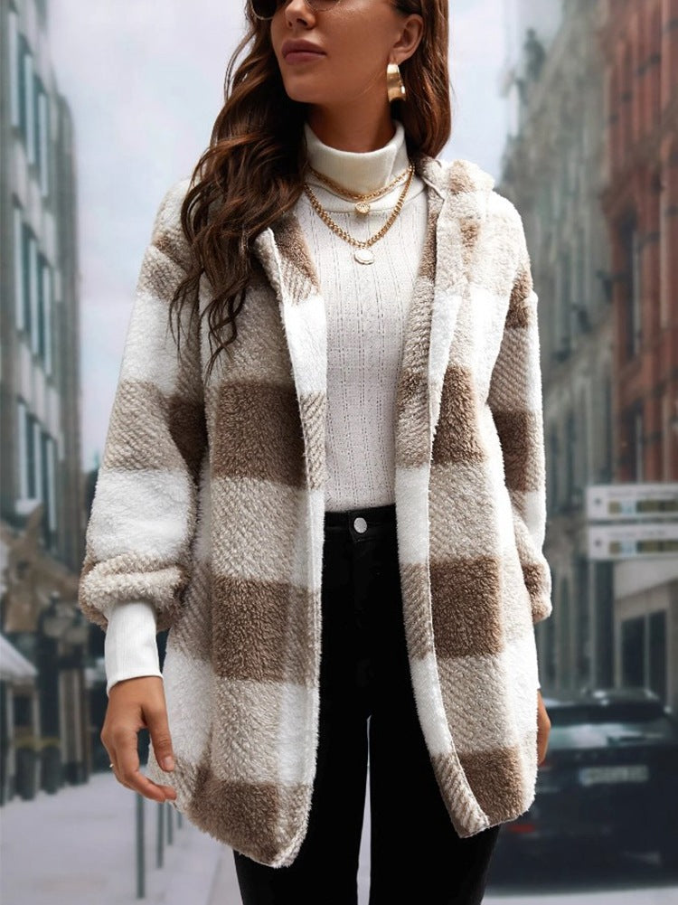 Coat Loose Plaid Color Stitching Knitted Cardigan Sweater NorixaFashion.com