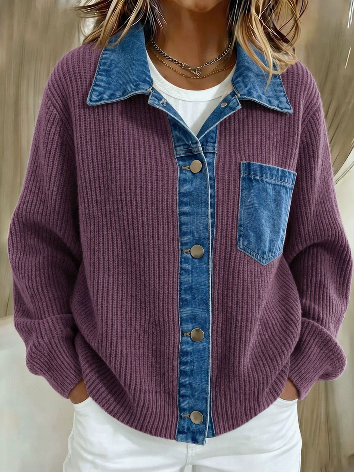 2026 European And American Cross-border Denim Patchwork Knit Cardigan For Women, Loose And Casual Style, Color-block Long-sleeve Sweater Jacket NorixaFashion.com