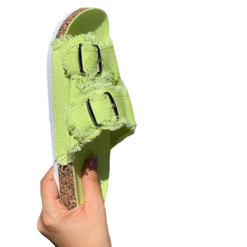 Casual Solid Canvas Buckle Denim Flat Slippers LadyShow.Store
