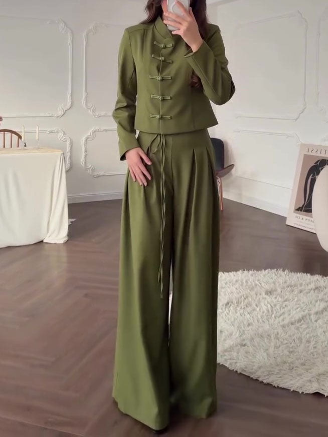 Mandarin Collar Knot Crop Top & Drawstring Wide Leg Pants 2-Piece Set NorixaFashion.com