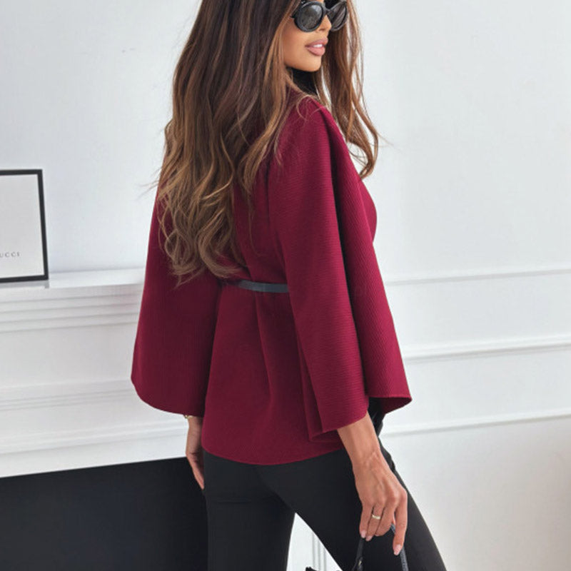 New Stand Collar Batwing Sleeves Cloak Top With Belt Ins Fashion Temperament Jacket Woolen Sweater Outwear For Women Clothing LadyShow.Store