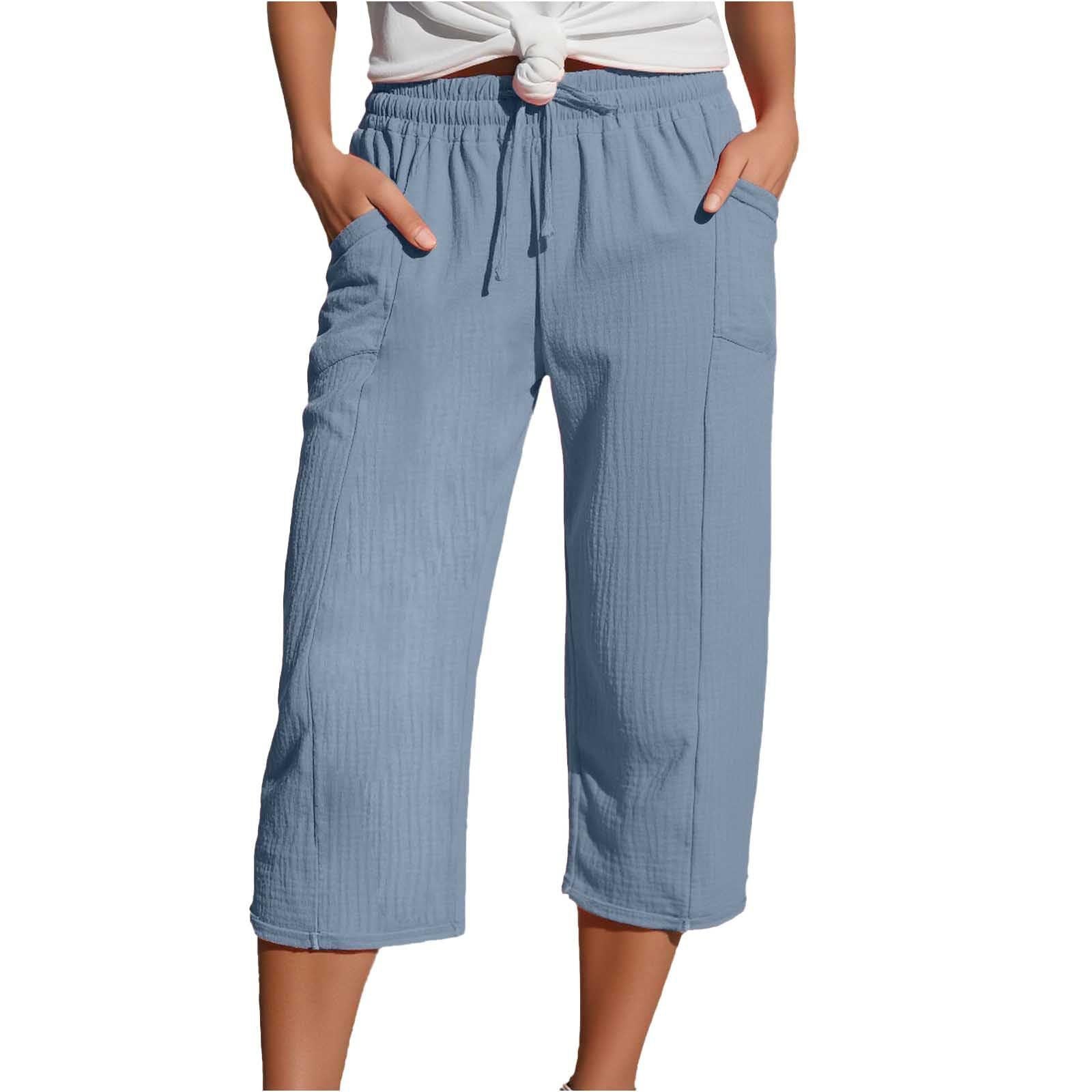 Women's Cotton-Linen Solid-Color Casual Cropped Pants With Elastic Waist NorixaFashion.com