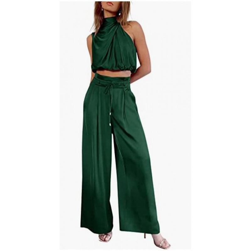 Summer Suits Casual Sleeveless Midriff-baring Top And Wide Leg Pants 2pcs Set Womens Clothing NorixaFashion.com