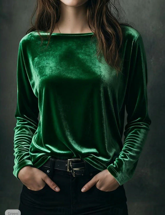 Female Solid Color Loose Fit Crew-neck Pullover Velvet T-shirt LadyShow.Store