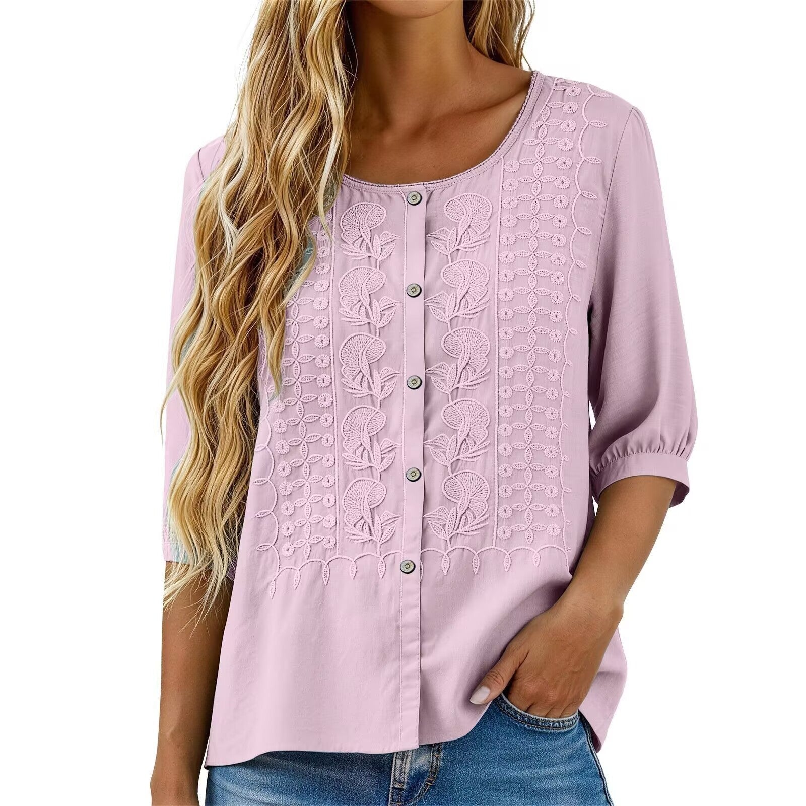 V-Neck Short Sleeve Cotton Linen Shirt, Heavy Embroidery Casual Blouse NorixaFashion.com