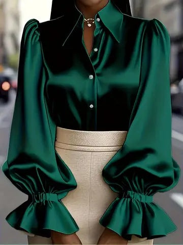 New Stylish Solid-colored Bubble Sleeve Long-sleeve Lapel Satin Shirt For Commuting LadyShow.Store