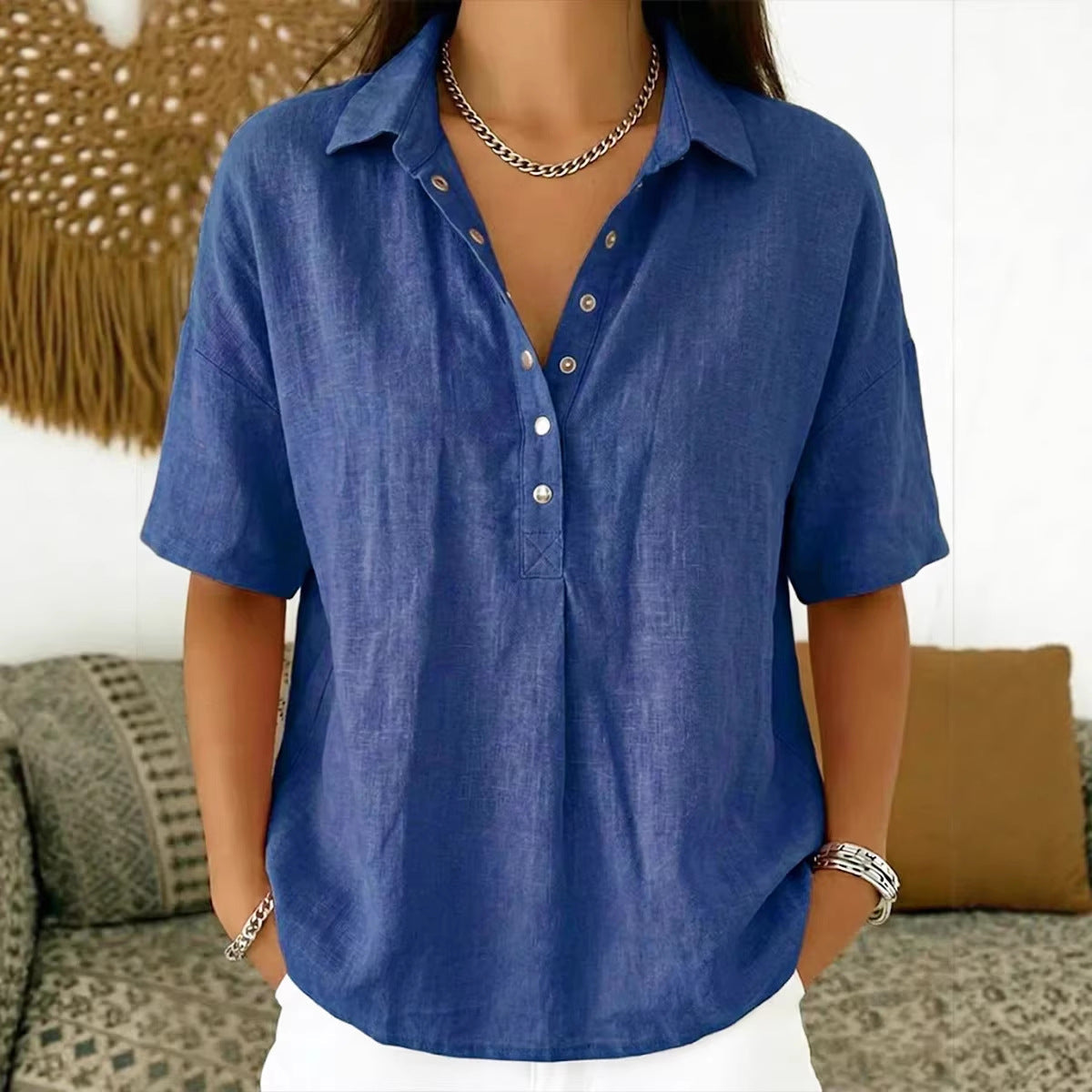Summer Short-sleeved Shirt Button Pullover Top Fashion Casual Women's Clothing NorixaFashion.com