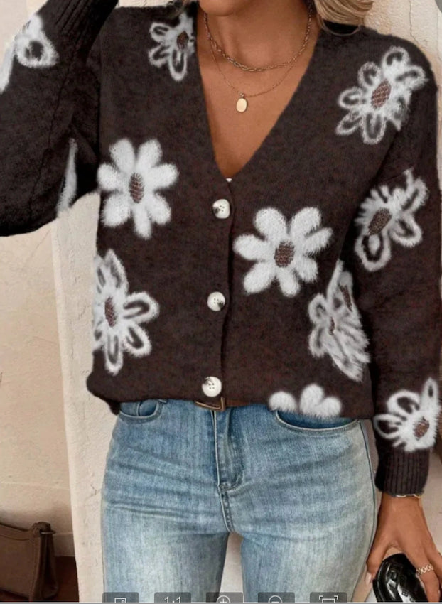 Flowers Print Button Front Cardigan NorixaFashion.com