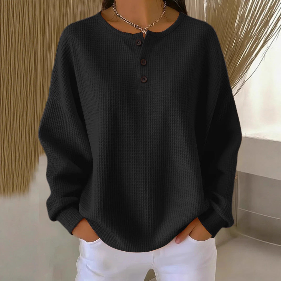 Ins Waffle Long-sleeved T-shirt Fashion Solid Color Buttons Round Neck Pullover Top Women's Clothing NorixaFashion.com
