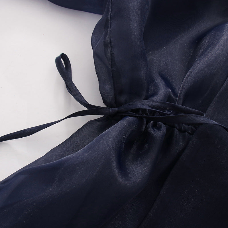 Navy Organza Bow Neck Drawstring Waist Sheer Long Sleeve Blouse NorixaFashion.com