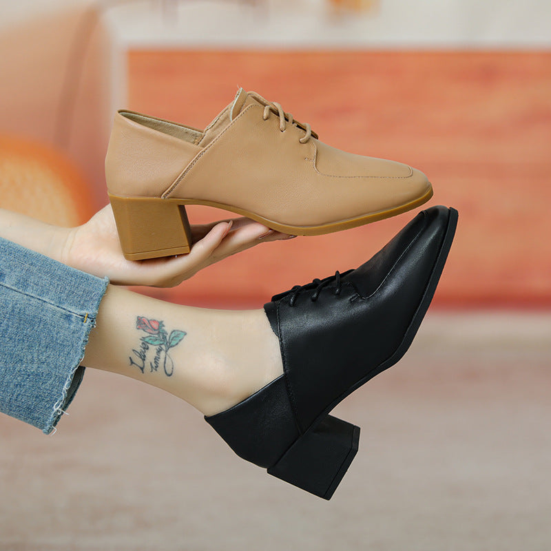New Deep Mouth Women''s Shoes Lace Up Leather Single Shoes LadyShow.Store