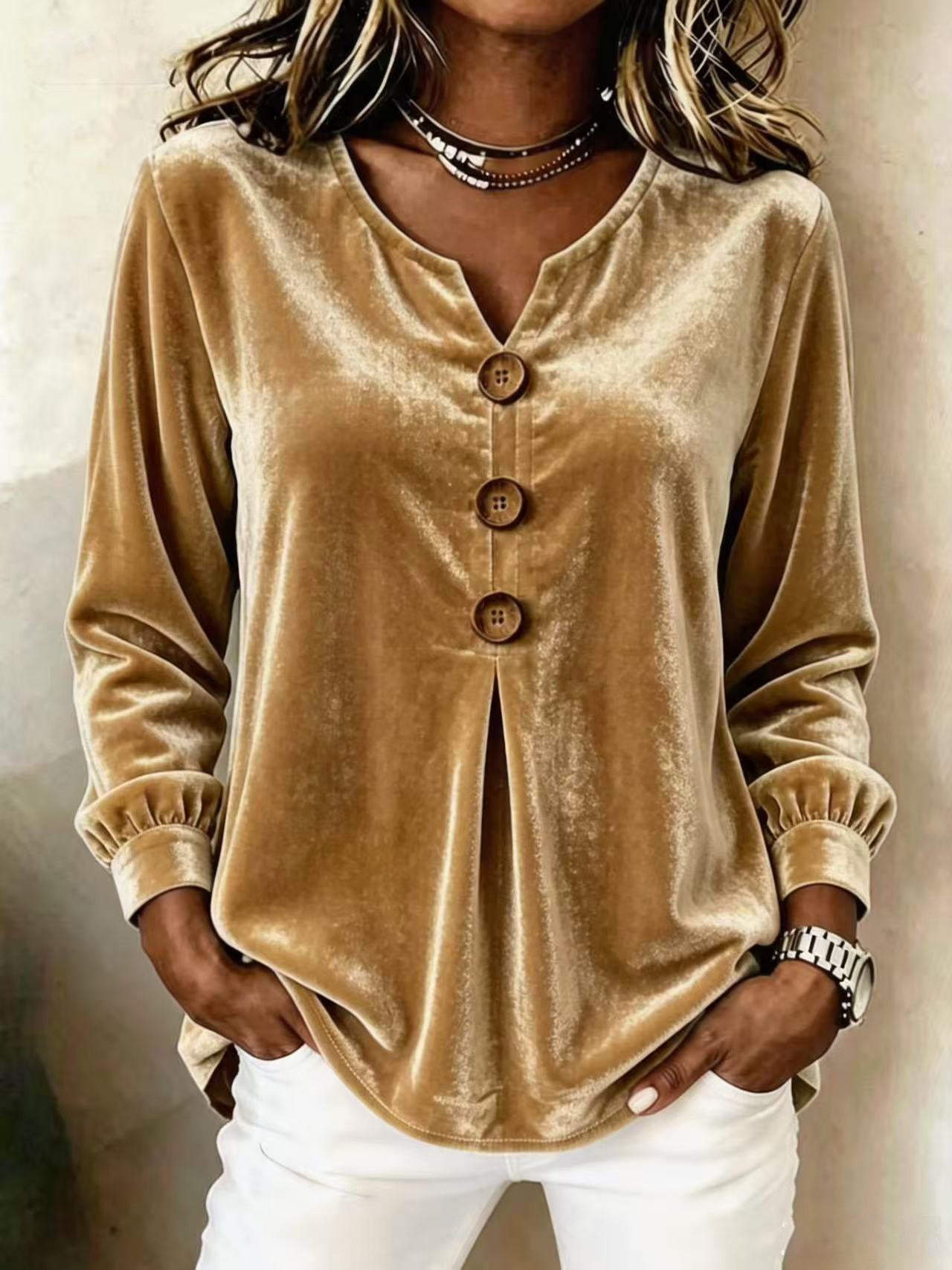 Elegant V-neck Buttoned Long-sleeve Velvet Blouse For Women NorixaFashion.com