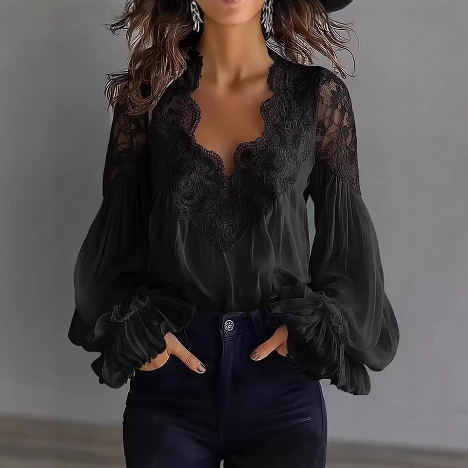 Lace-panelled Ruffled Puff-sleeve Pleated Shirt NorixaFashion.com