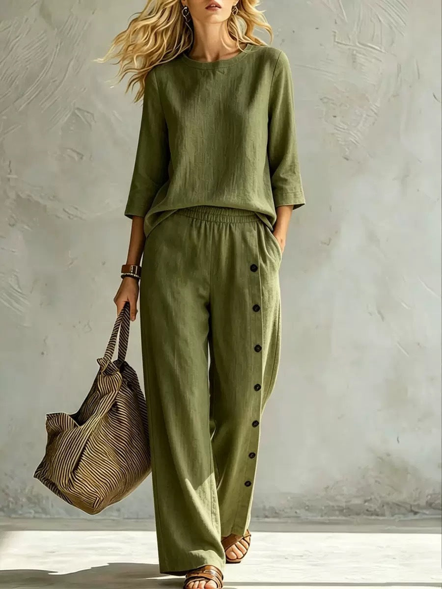 2026 European And American Women's Fashionable Solid Color Buckle Design Casual Loose Two-piece Set NorixaFashion.com