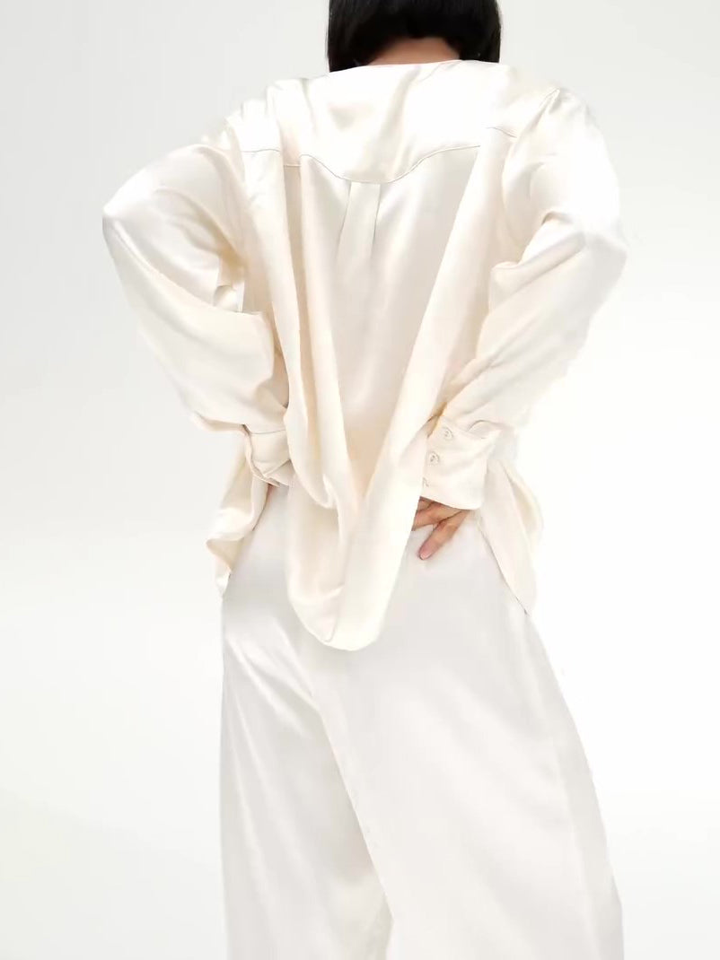 Cream Satin Tie-Front Top And Wide-Leg Pants Set NorixaFashion.com