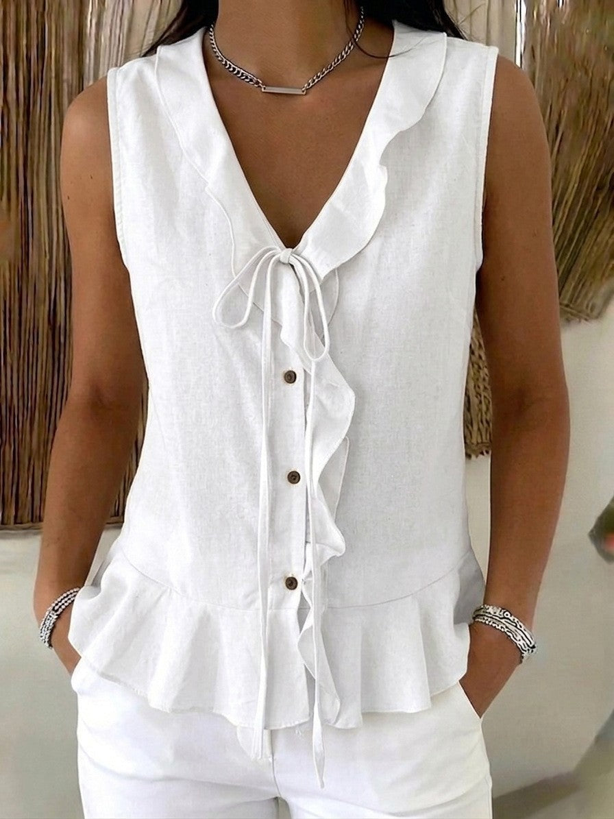 Women's Casual V-Neck Ruffle Trim Sleeveless Top NorixaFashion.com