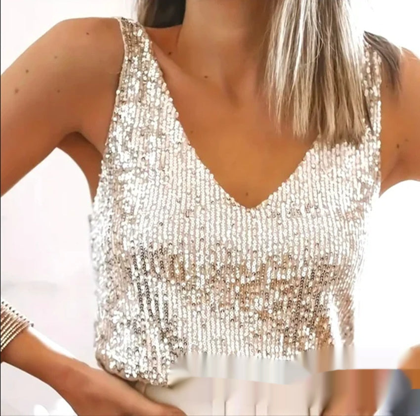 Sequin Summer Light Mature Sexy V Neck Womens Tank Top NorixaFashion.com