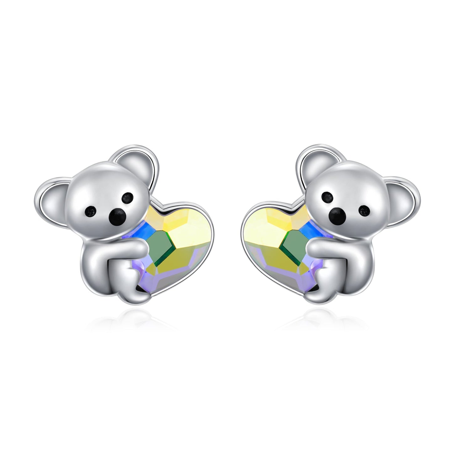 925 Sterling Silver Koala Bear Cute Animal Hypoallergenic Heart Crystal Earrings Jewellery LadyShow.Store
