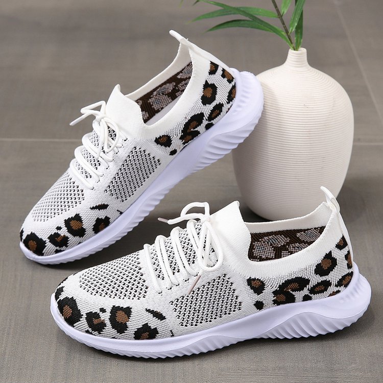 White Shoes Women Leopard Print Lace-up Sneakers Sports CJD