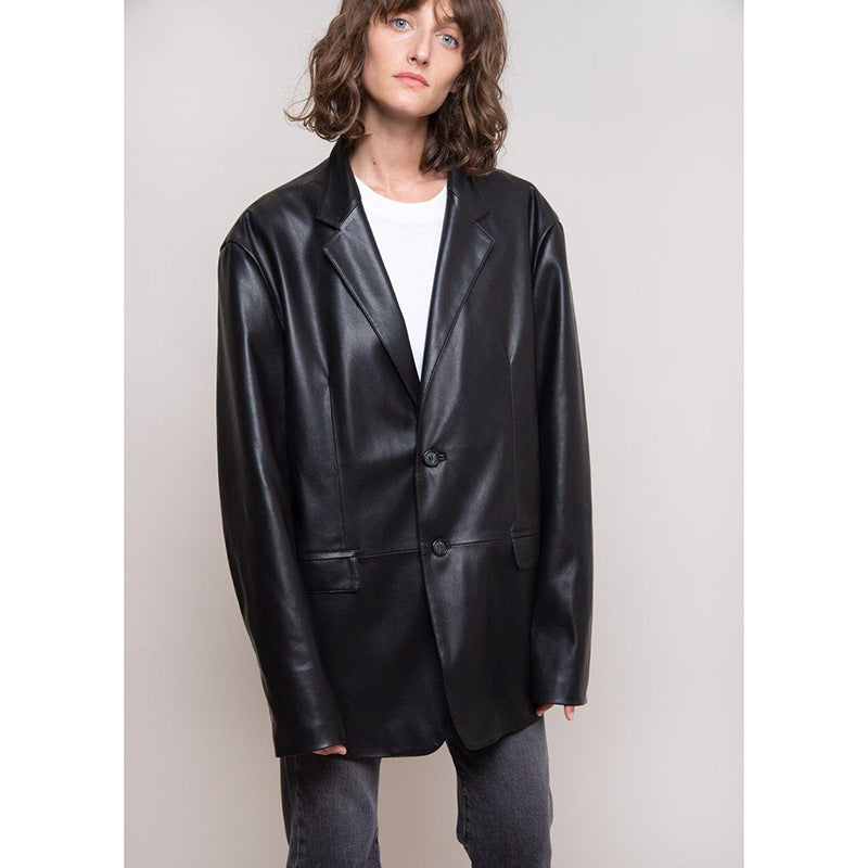 Women's Protein Leather Loose Profile Long-sleeved Cardigan Casual Jacket Best YouTube Store