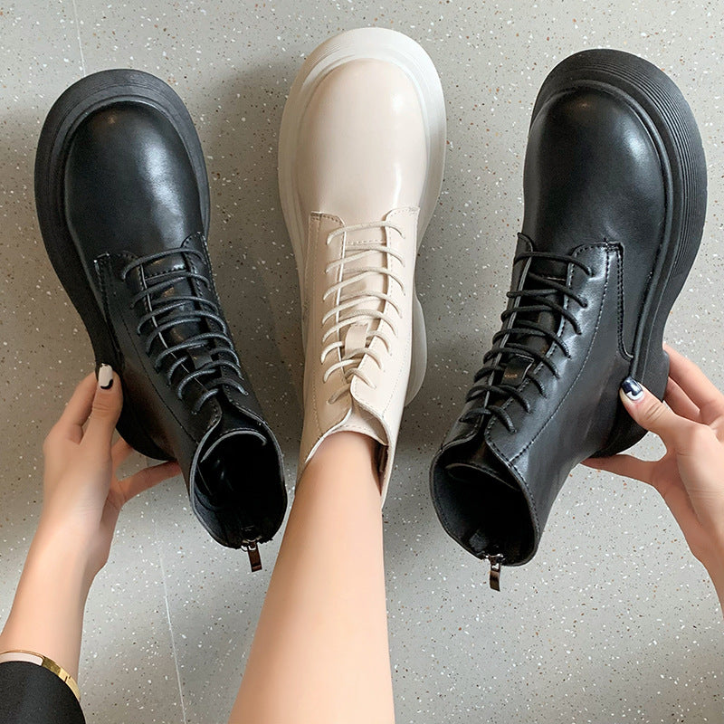 Leather Round Toe Chunky Heel Lace-up Martin Boots LadyShow.Store