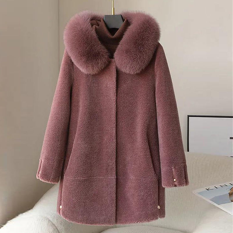 Women's Fox Fur Collar Hooded Sheep Shearling Coat Best YouTube Store